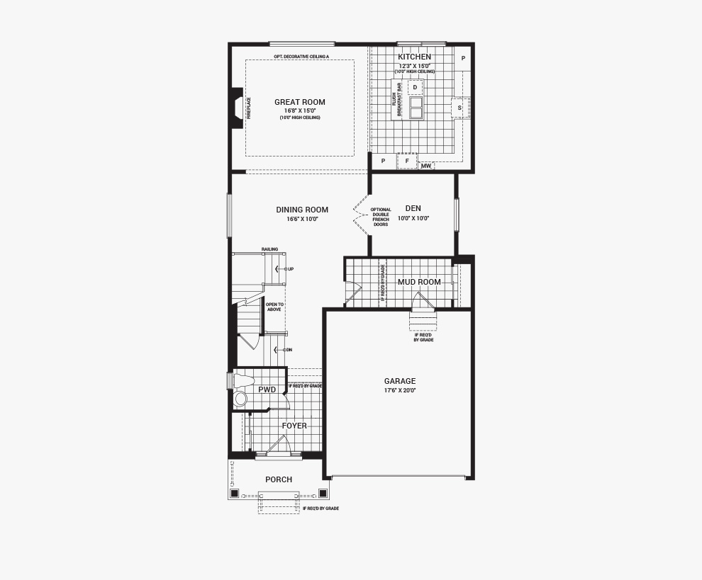 Floorplan of the main floor of the 5 bedroom Waverley home design, a 36’ Single Family Home available for sale in Brookline, Kanata.