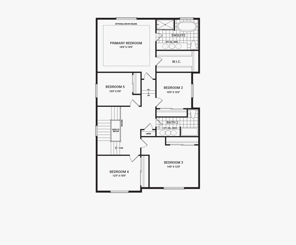 Floorplan of the second floor of the 5 bedroom Waverley home design, a 36’ Single Family Home available for sale in Brookline, Kanata.
