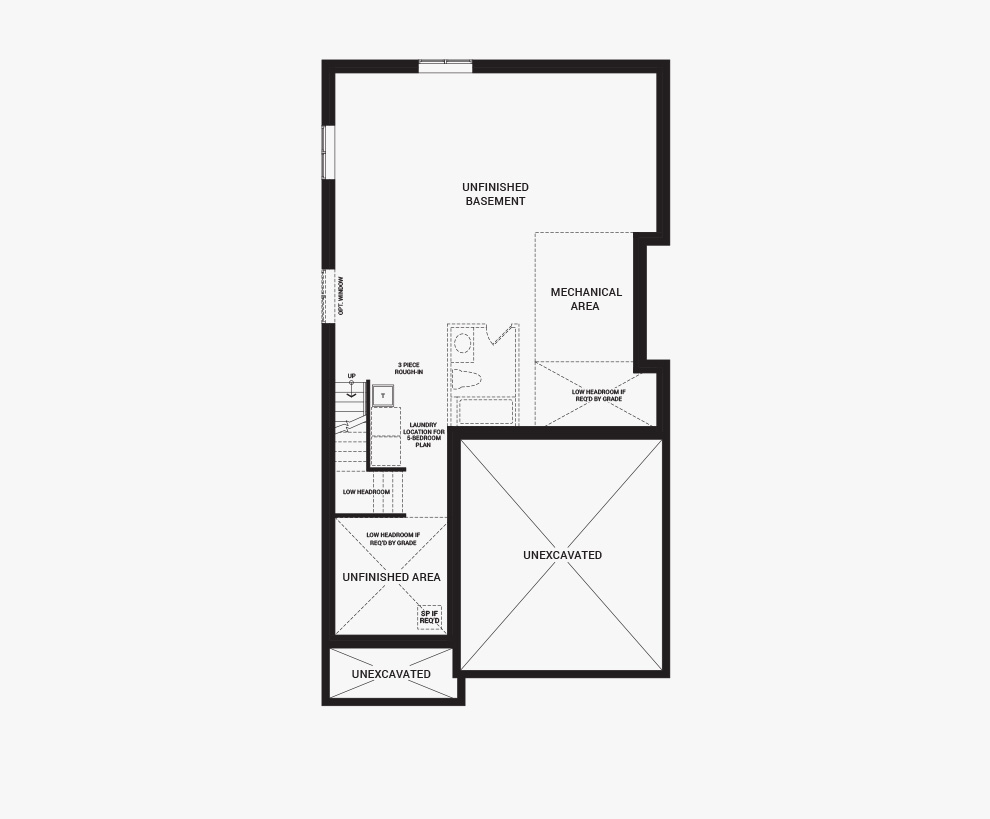Floorplan of the basement of the 5 bedroom Waverley home design, a 36’ Single Family Home available for sale in Brookline, Kanata.
