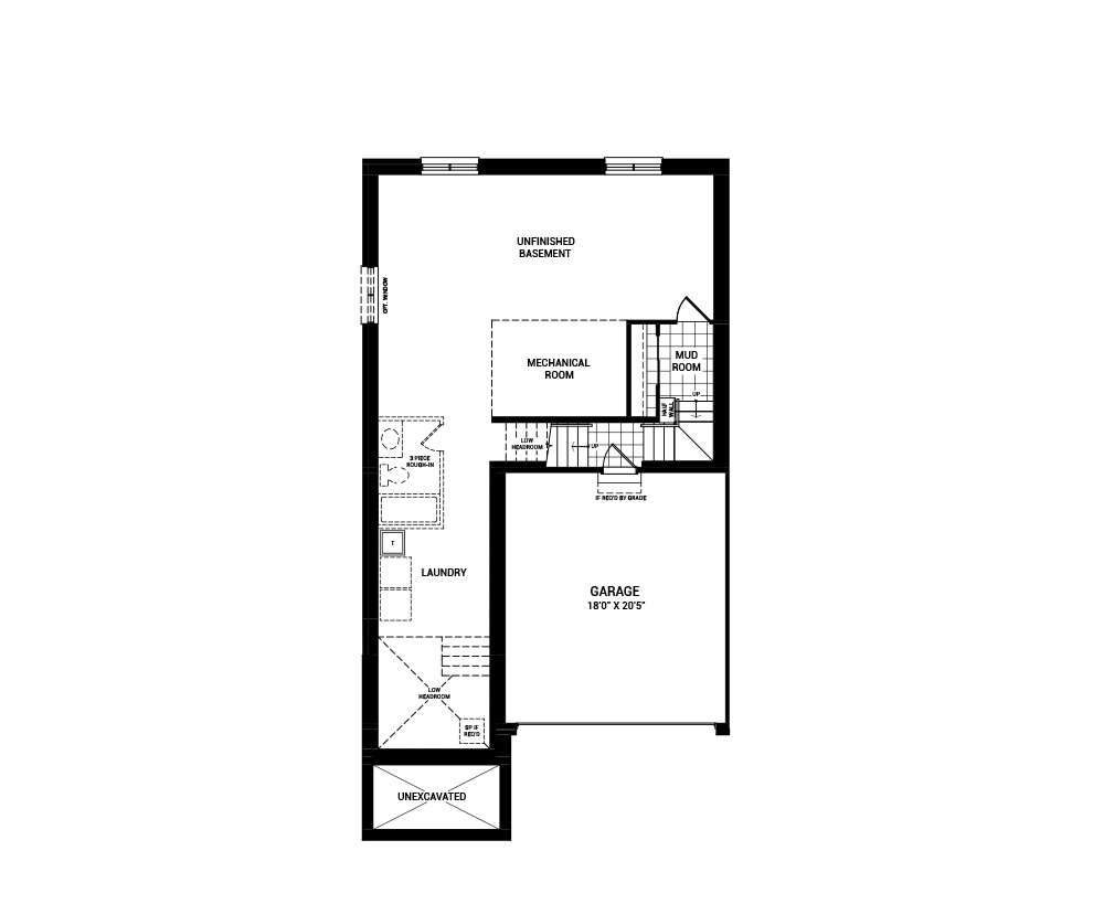 Floorplan of the basement floor of the 4 bedroom Killarney home design, a 36’ Single Family Home available for sale in Avalon Vista, Orléans