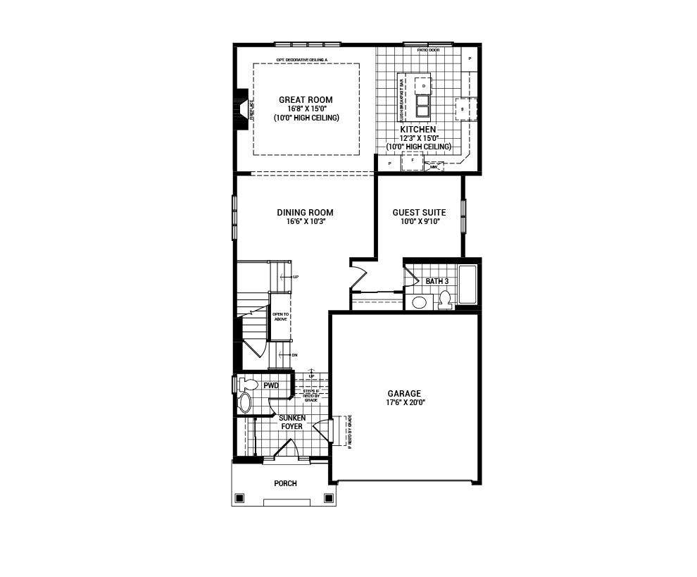 Floorplan of the main floor of the 5 bedroom Waverley with Guest Suite home design, a 36’ Single Family Home available for sale in Avalon Vista, Orléans
