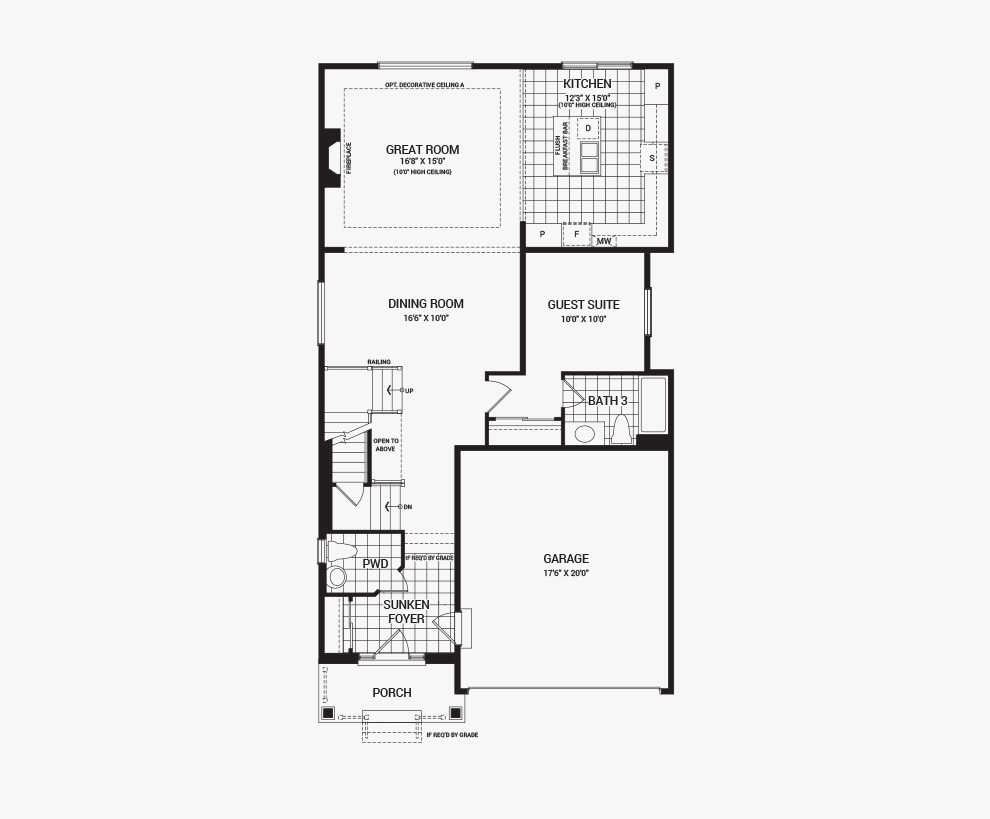 Floorplan of the main floor of the 5 bedroom w/guest suite Waverley home design, a 36' Single Family Home available for sale in Brookline, Kanata.