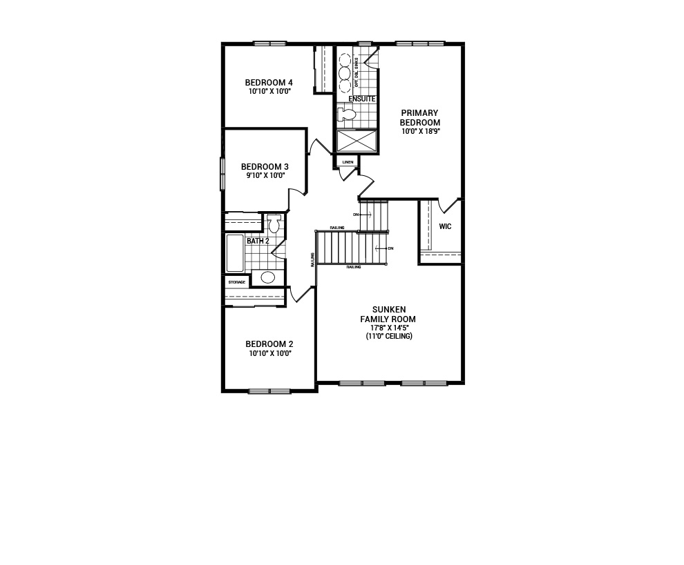 Floorplan of the second floor of the 4 bedroom Fairbank home design, a 36' Single Family Home available for sale in Abbott's Run, Kanata-Stittsville.