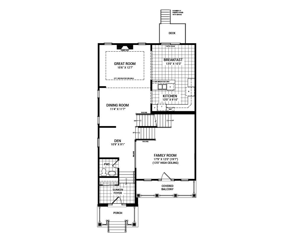 Floorplan of the main floor of the Killarney 3-bedroom home design, a 36' Single Family Home available for sale in Abbott's Run, Kanata-Stittsville.