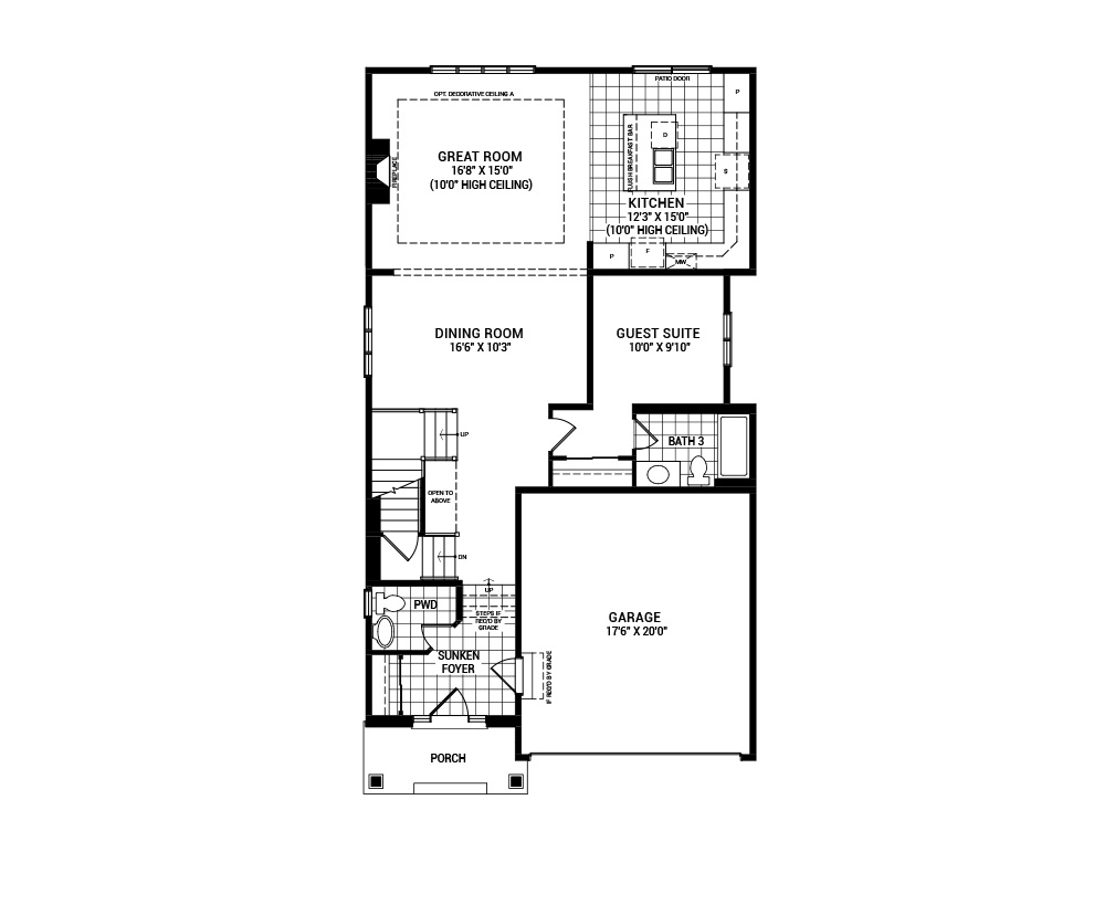 Floorplan of the main floor of the 4-Bedroom W_Guest Suite Waverley home design, a 36' Single Family Home available for sale in Abbott's Run, Kanata-Stittsville.