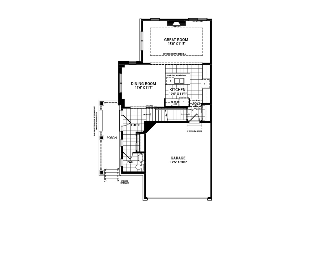 Floorplan of the main floor of the 4 bedroom Jefferson Corner home design, a 30’ Single Family Home available for sale in Abbott's Run, Kanata-Stittsville