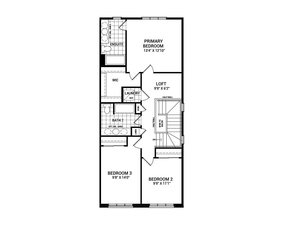 Floorplan of the second floor of the Simcoe 3-Bed home design, a Executive Townhome available for sale in Brookline, Kanata