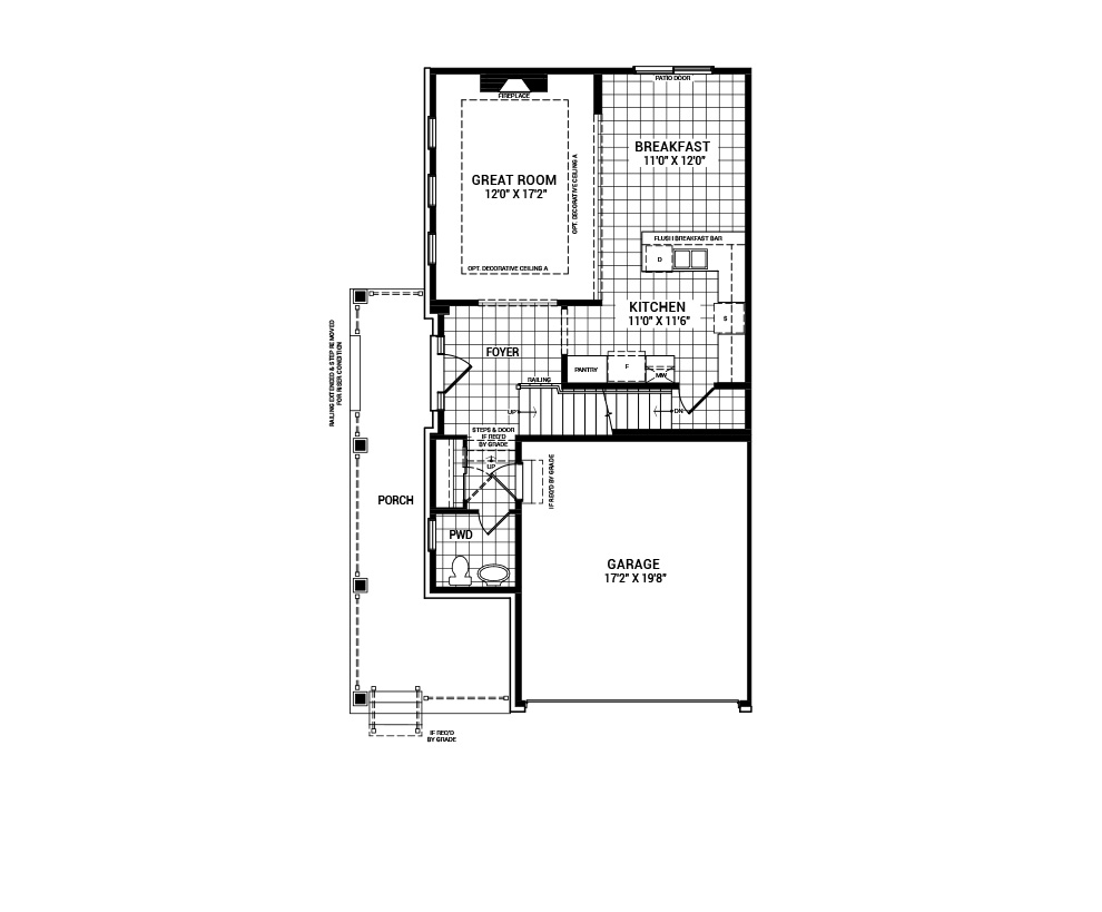 Floorplan of the main floor of the 4 bedroom Talbot Corner home design, a 36’ Single Family Home available for sale in Brookline, Kanata