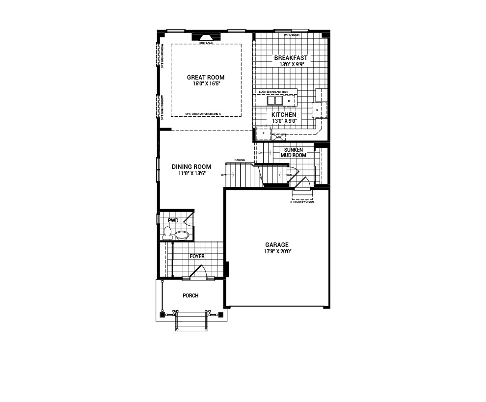 Floorplan of the main floor of the 3-Bedroom Fairbank home design, a 36’ Single Family Home available for sale in Brookline, Kanata