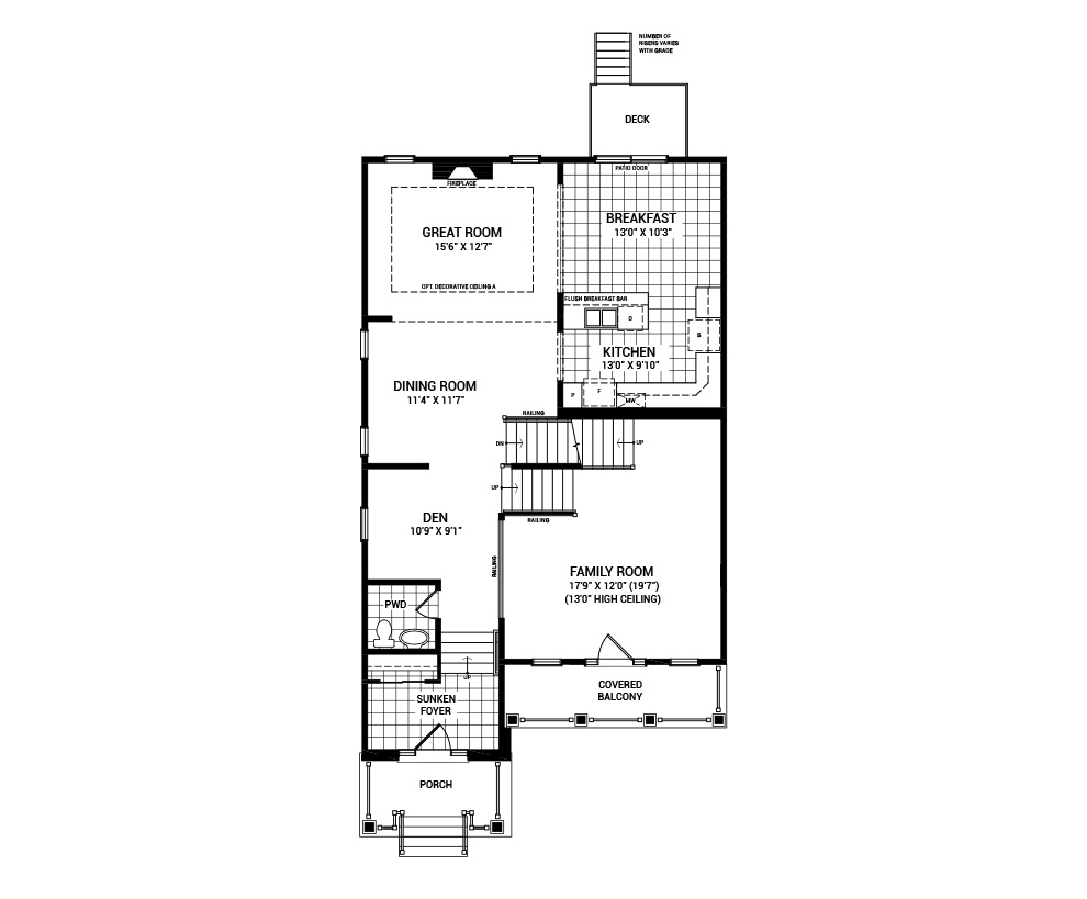 Floorplan of the main floor of the 4-Bedroom Killarney home design, a 36’ Single Family Home available for sale in Brookline, Kanata