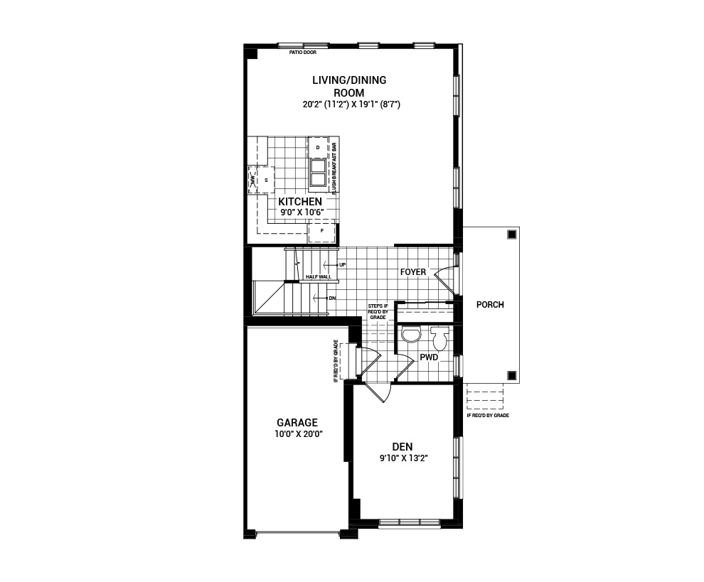 Floorplan of the main floor of the Wynwood Corner home design, a Executive Townhome available for sale in Avalon Vista, Orleans