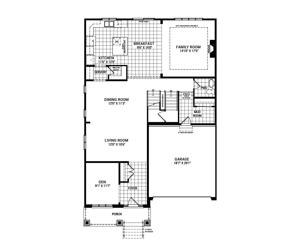 Floorplan of the main floor of the Oxford home design, a 43’ Single Family Home available for sale in Weavers Way, Almonte