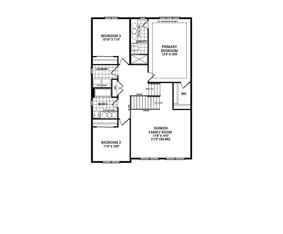 Floorplan of the second floor of the 3-Bedroom Fairbank home design, a 36’ Single Family Home available for sale in Weavers Way, Almonte