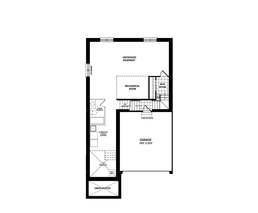 Floorplan of the basement floor of the 3-Bedroom Killarney home design, a 36’ Single Family Home available for sale in Weavers Way, Almonte