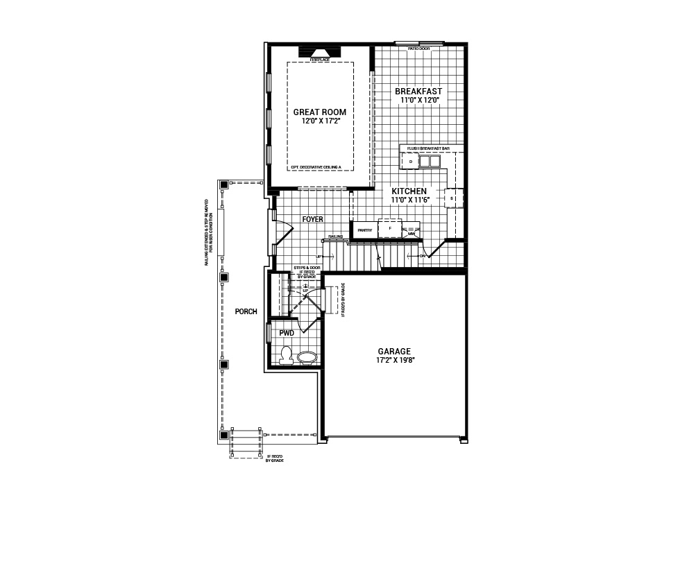 Floorplan of the main floor of the 3 bedroom Talbot Corner home design, a 36’ Single Family Home available for sale in Weavers Way, Almonte
