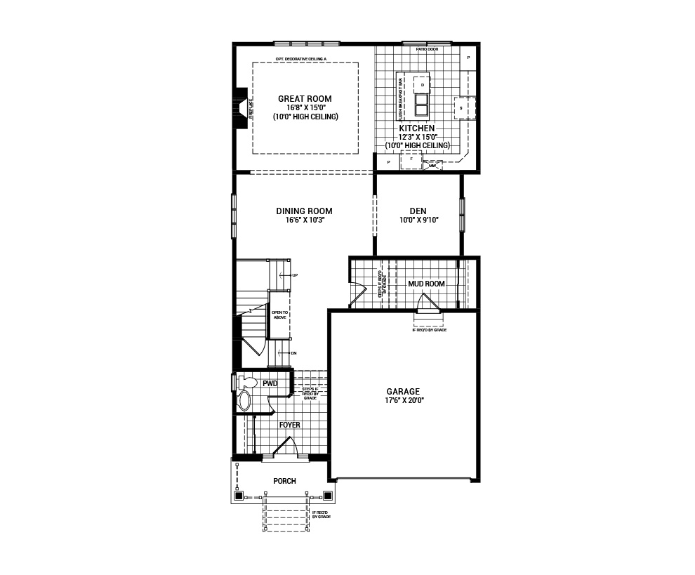 Floorplan of the main floor of the 4 bedroom Waverley home design, a 36’ Single Family Home available for sale in Avalon Vista, Orléans