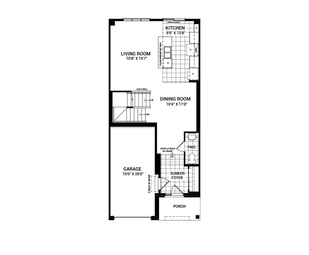 Floorplan of the main floor of the Ashbury home design, a Executive Townhome available for sale in Riversbend at Harmony, Barrhaven