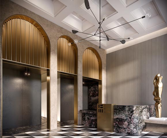Lustrous marble and metal detailing on the reception desk creates a dramatic centrepiece