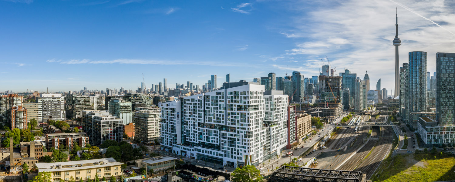View of Toronto skyline with Minto Westside, King West Condos