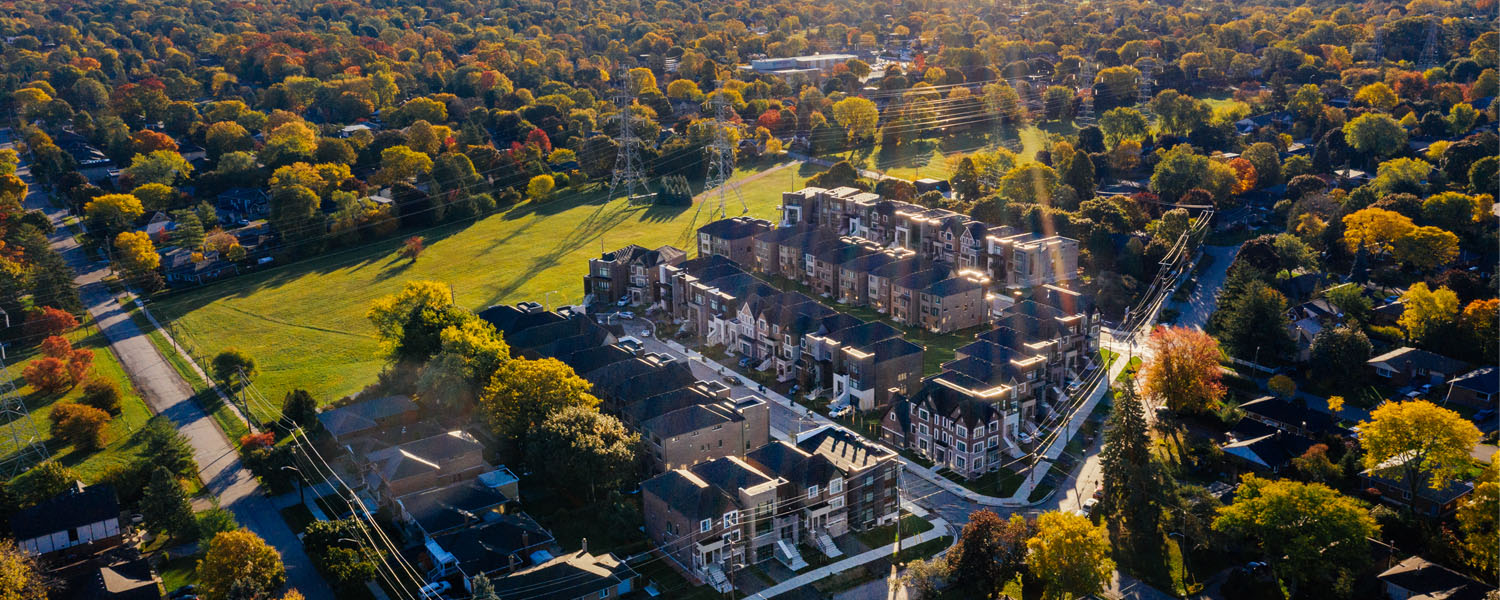 Sky-view of Glen Agar community in Etobicoke. Homes by Minto Communities.