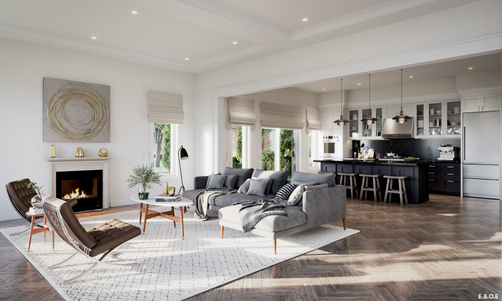 Living room with fireplace & open style kitchen of a new home in Oshawa. The Heights of Harmony by Minto Communities.