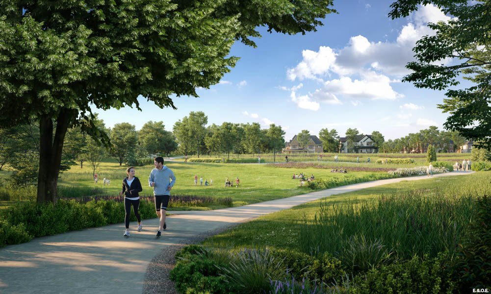 Couple running in the park. The Heights of Harmony in Oshawa.