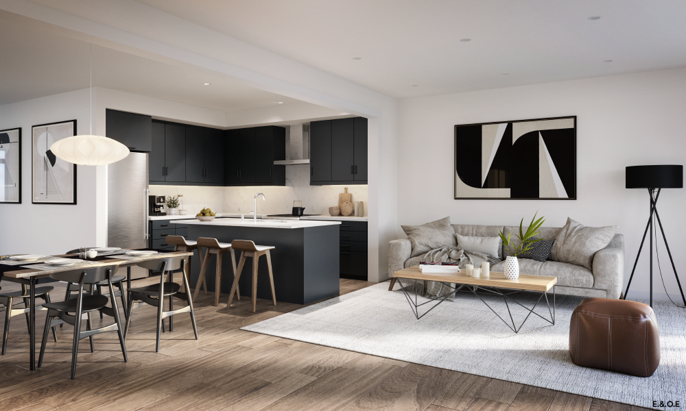 Living room, kitchen and dining room of a new home in Oshawa. The Heights of Harmony by Minto Communities.