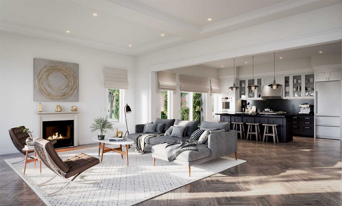 Living room with fireplace & open style kitchen of a new home in Oshawa. The Heights of Harmony by Minto Communities.