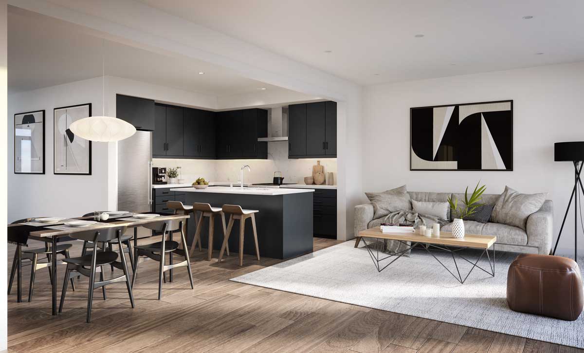 Living room, kitchen and dining room of a new home in Oshawa. The Heights of Harmony by Minto Communities.