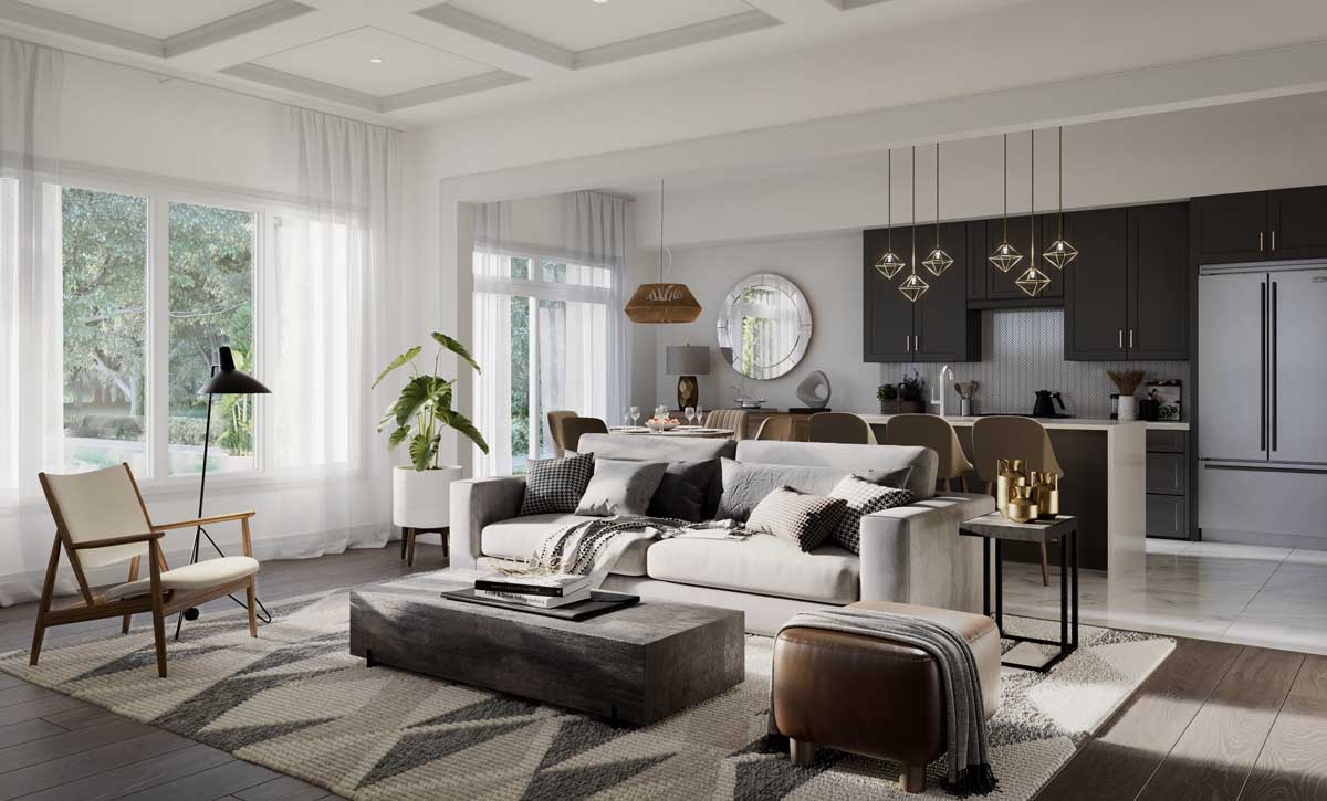 Living room & kitchen interior of a new home in Oshawa. The Heights of Harmony by Minto Communities.