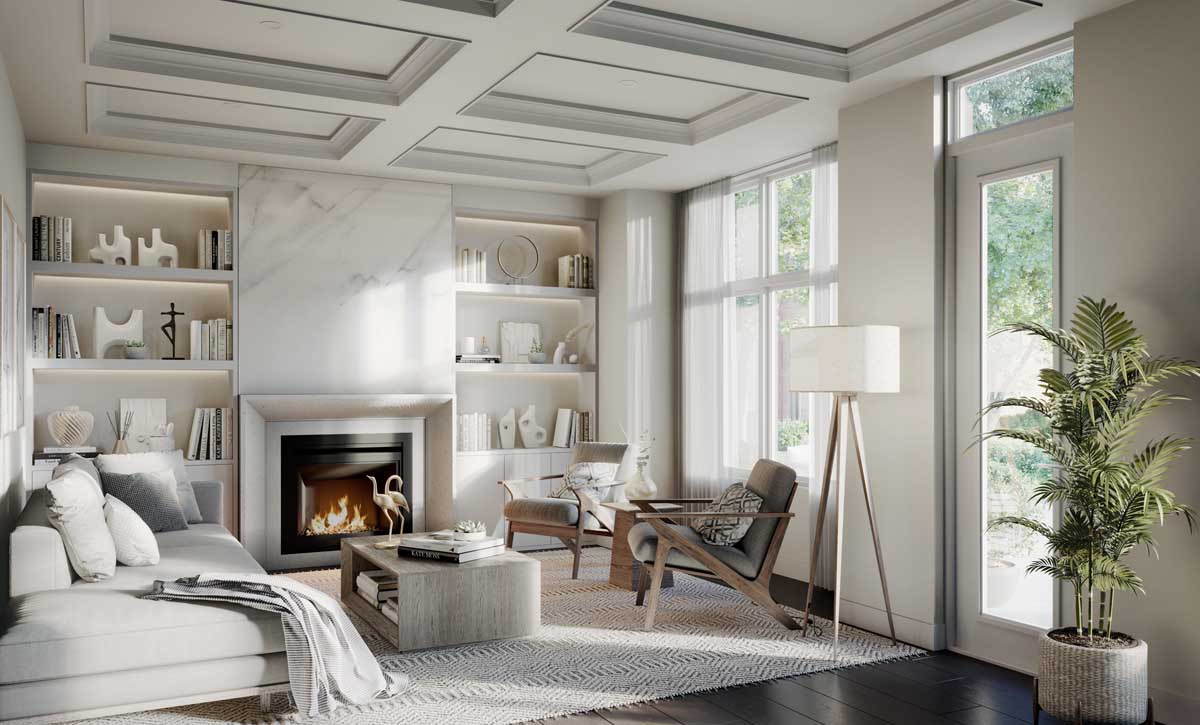 Bright living room with fireplace of a new home in Oshawa. The Heights of Harmony by Minto Communities.