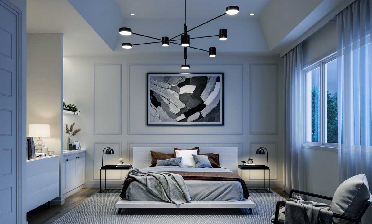 Modern bedroom for a single family home in Oshawa. The Heights of Harmony by Minto Communities.