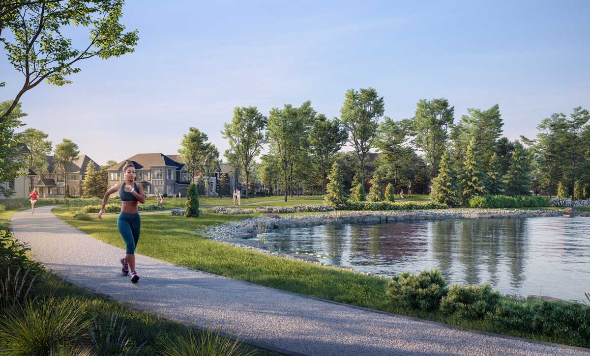 Woman running in the park.  The Heights of Harmony in Oshawa.
