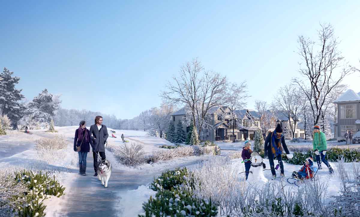 People playing in the snow. The Heights of Harmony in Oshawa.