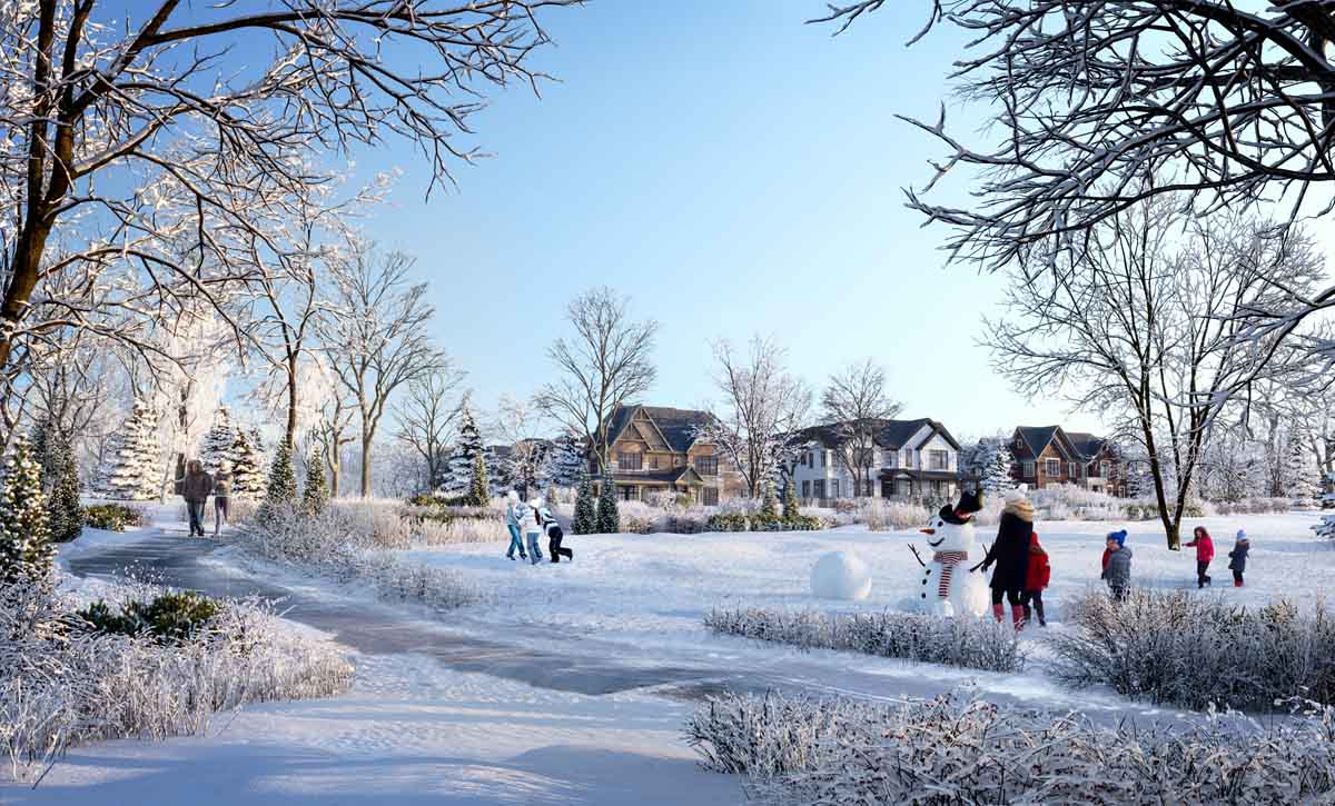 Snowy park and walkway.  The Heights of Harmony in Oshawa.