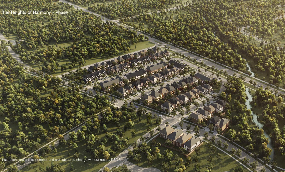 An aerial illustration of a neighbourhood of homes. The Heights of Harmony by Minto Communities