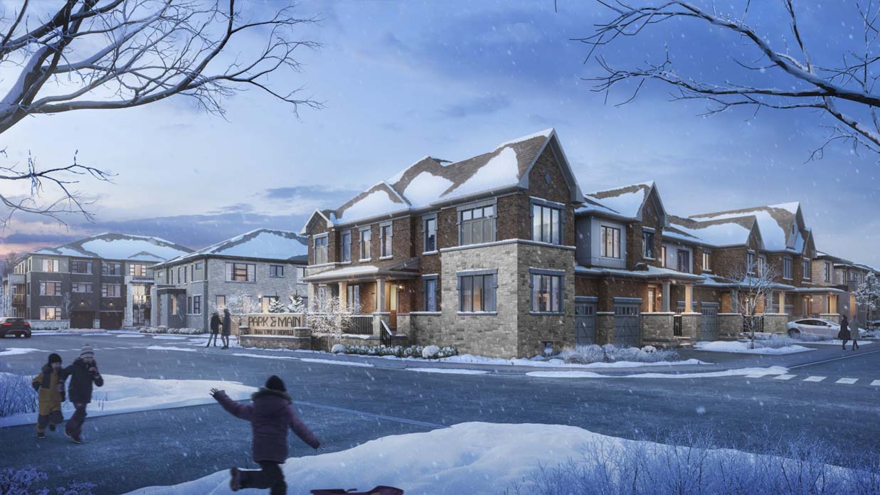 Render of Park & Main community in the winter. New townhomes in Unionville by Minto Communities.