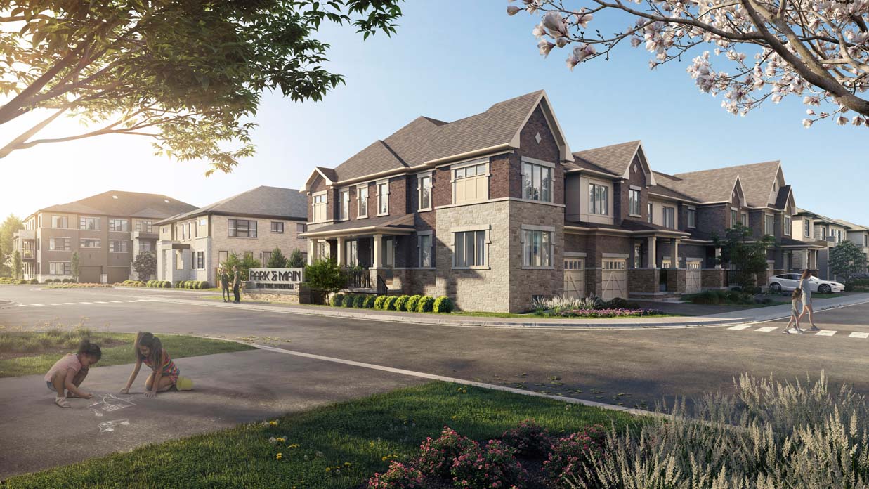 Render of Park & Main community in the summer. New townhomes in Unionville by Minto Communities.
