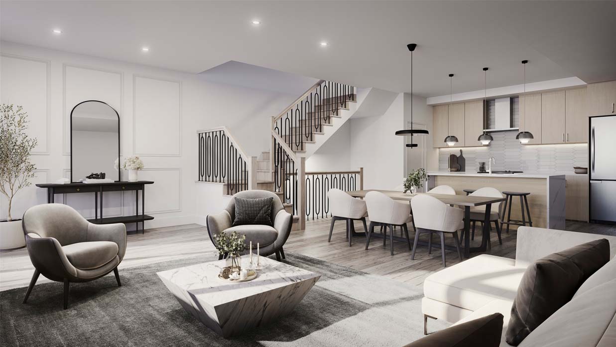Living room, kitchen and stairs in a Back-to-Back townhome. New homes in Unionville by Minto Communities.
