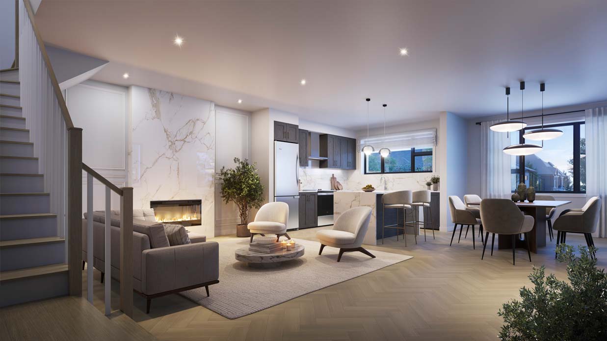 Living room, kitchen and fireplace in a Back-to-Back townhome. New homes in Unionville by Minto Communities.