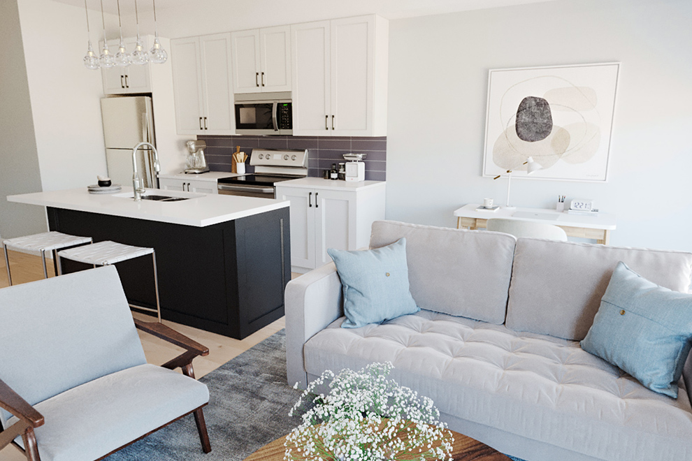 Living Area and Kitchen of the Cambridge Avenue Townhome. Model homes in Ottawa by Minto Communities.