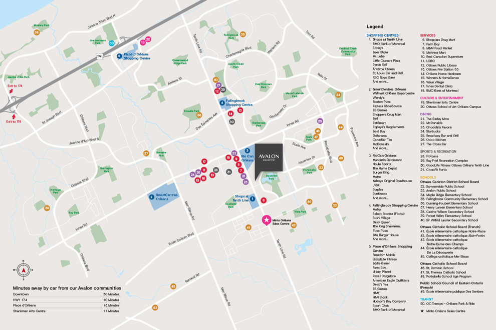 Amenity map of things to in Orléans, Ottawa. What's unique about Avalon Aquaview, Minto Communities.