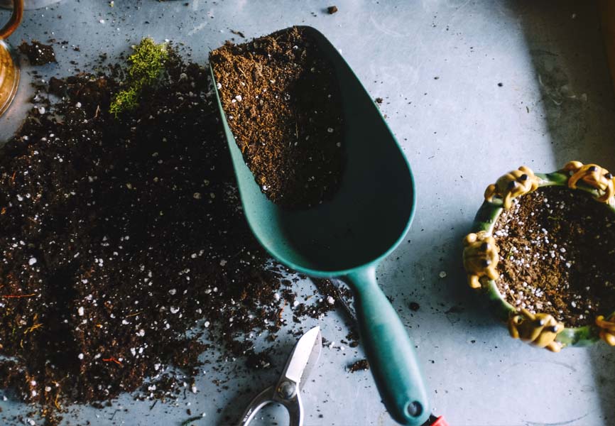 A shovel with soil in it