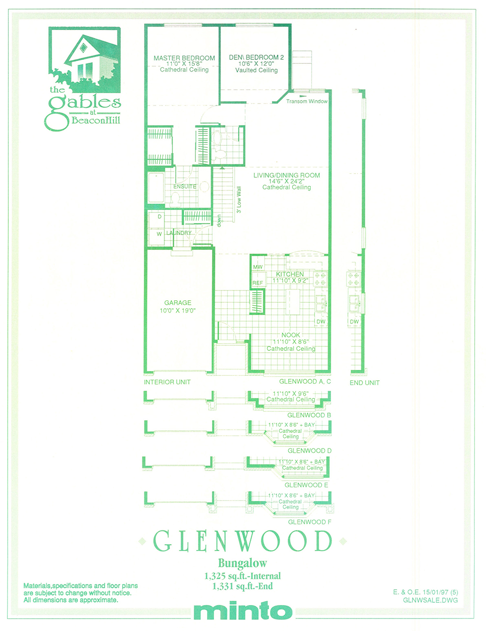 Gables - Glenwood - Bungalow Townhomes in Ottawa. Floorplan for The Gables at Beacon Hill by Minto Communities.