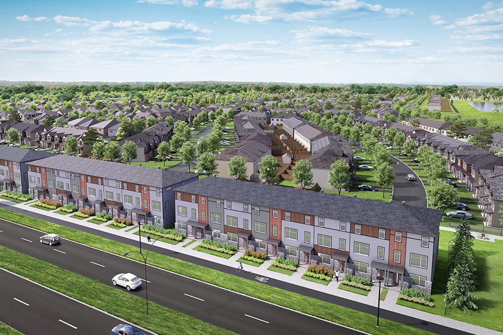 An aerial rendering of Urban Townhomes and freehold homes in the community of Arcadia, Kanata.