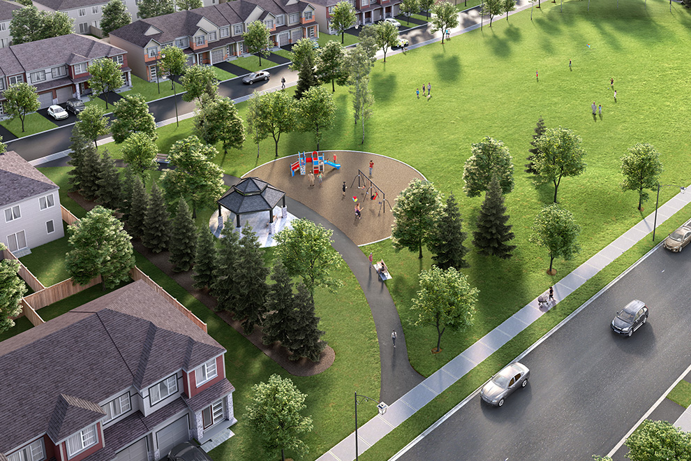 An aerial rendering shows a community park with a gazebo and playground equipment in the heart of Avalon Encore.