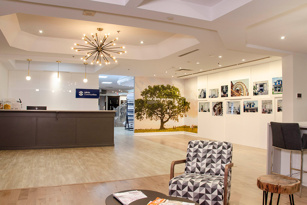 The interior reception area of the Minto Design Centre.