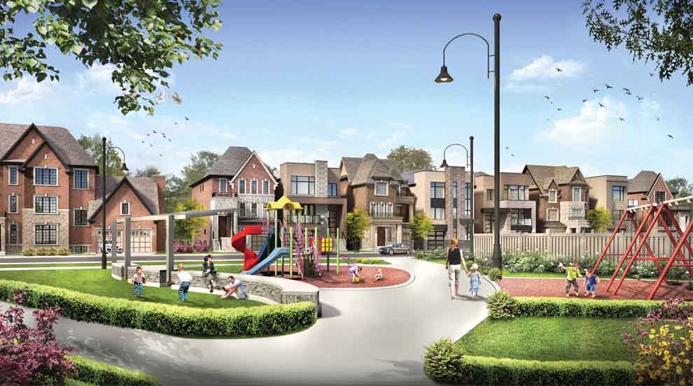 A park with children playing and different types of townhomes in the background