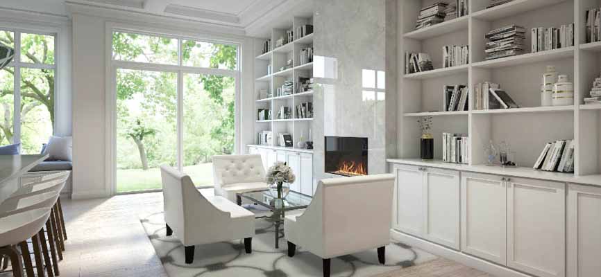 open shelving in a white dining room and kitchen