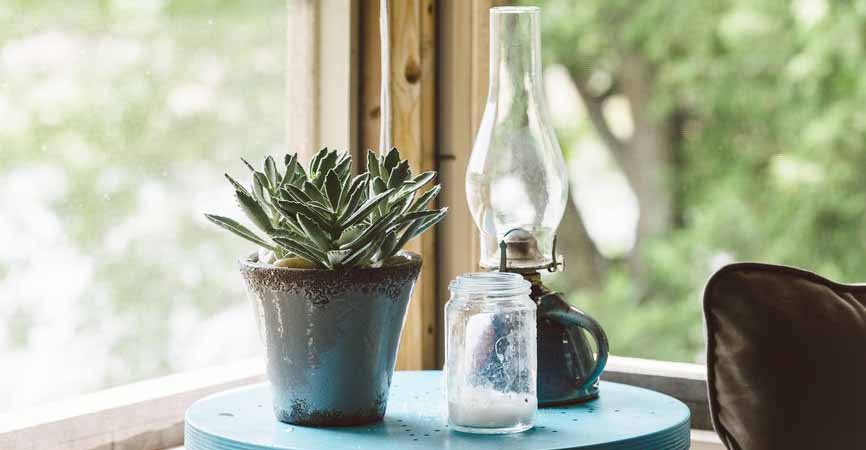 plant, light and candle on a porch table
